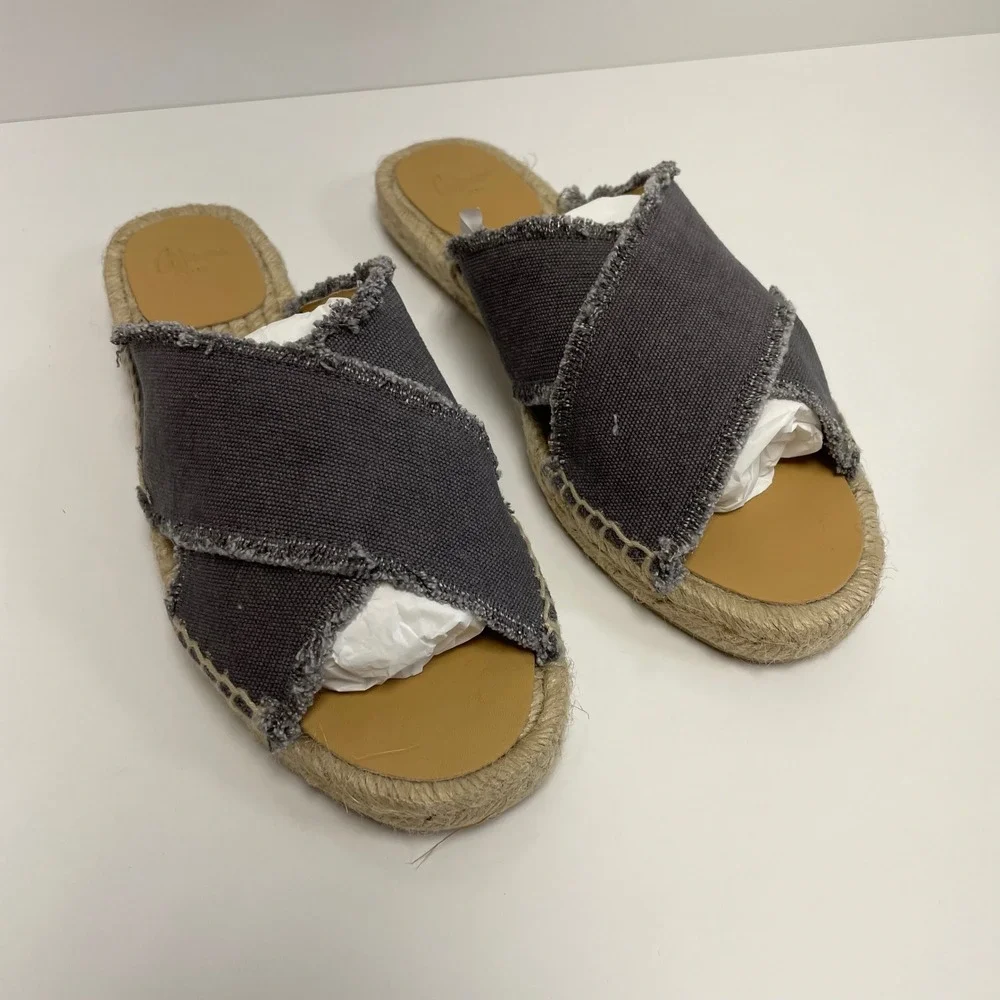 Castaner Palmera Charcoal Grey Frayed Canvas Espadrille Slide Sandals EU 39 US 8